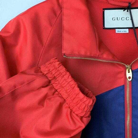 NWT Gucci Men Nylon Jacket Gucci Script Red Lightweight Canvas Nylon Blue - Picture 11 of 16